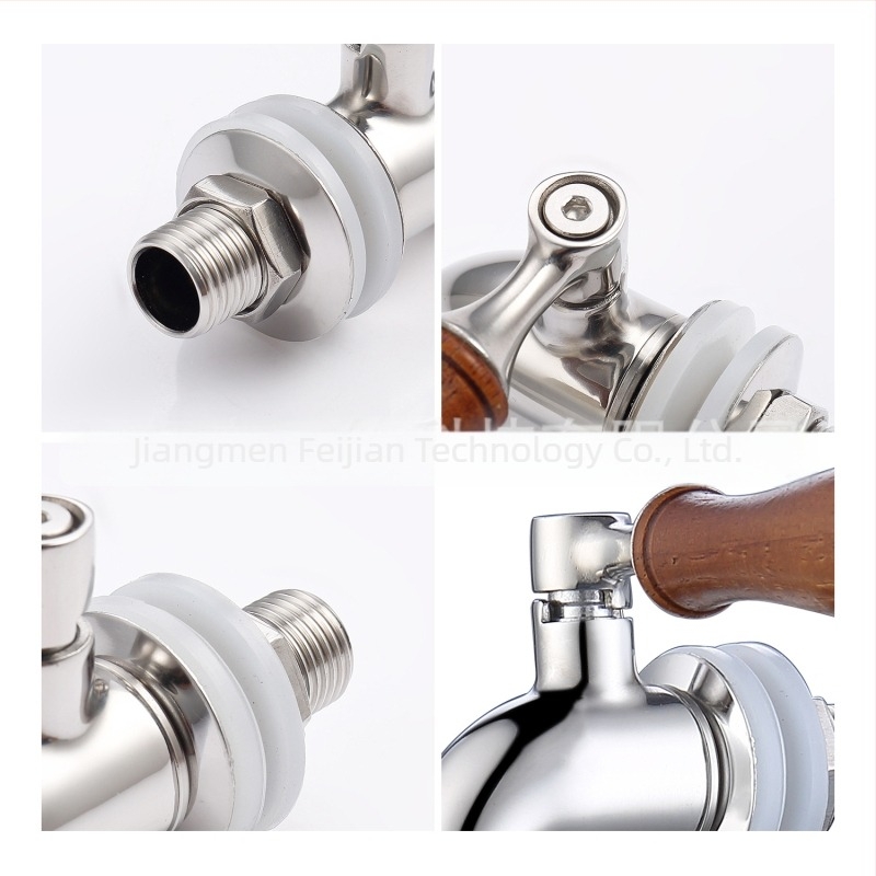 Nehrđajući čelični izljevnik za napitke 304 - model FJ-P013A, unutarnji ventilski jezgra od nehrđajućeg čelika, Ø16 ulaz/izlaz, radna temperatura -10 do 100°C, nazivni tlak 6 bar