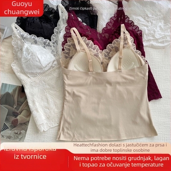 Termalna vestica od baršuna s čipkastim prepletom, ugrađene podstavljene košarice, V-dekolte, dvostruki sloj, podesive naramenice