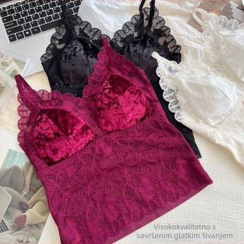 Termalna vestica od baršuna s čipkastim prepletom, ugrađene podstavljene košarice, V-dekolte, dvostruki sloj, podesive naramenice