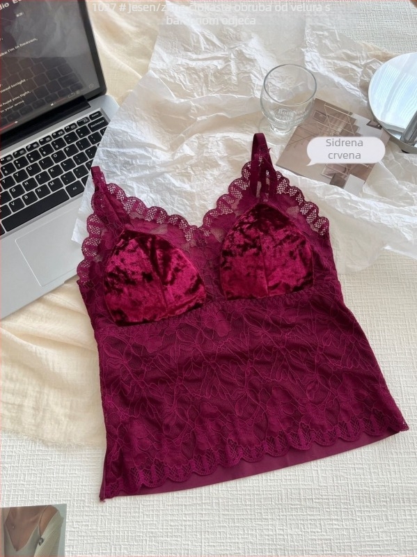 Termalna vestica od baršuna s čipkastim prepletom, ugrađene podstavljene košarice, V-dekolte, dvostruki sloj, podesive naramenice