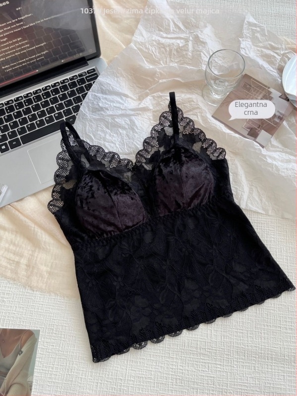 Termalna vestica od baršuna s čipkastim prepletom, ugrađene podstavljene košarice, V-dekolte, dvostruki sloj, podesive naramenice