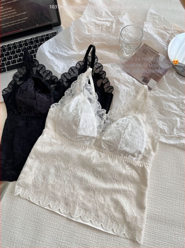 Termalna vestica od baršuna s čipkastim prepletom, ugrađene podstavljene košarice, V-dekolte, dvostruki sloj, podesive naramenice