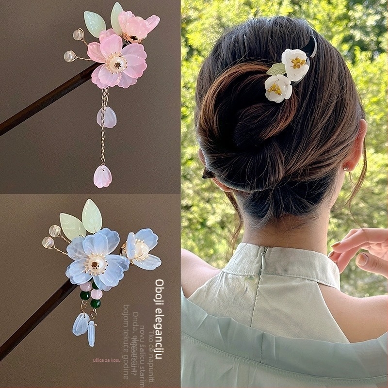 Drvena ukosnica za kosu s cvijetom za Hanfu, retro stil s resicama, individualno pakirana