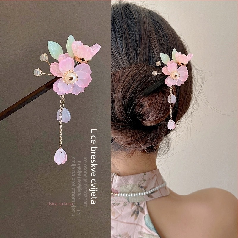 Drvena ukosnica za kosu s cvijetom za Hanfu, retro stil s resicama, individualno pakirana