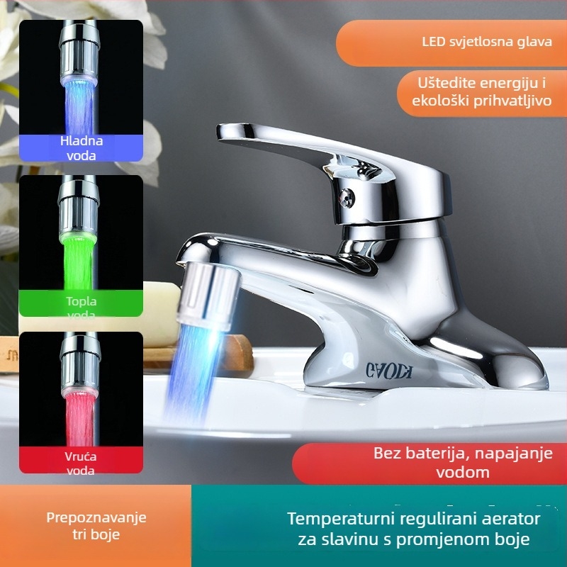 Aerator za slavinu s kontrolom temperature i promjenom boje, osvijetljenjem u tri boje — ABS materijal, model Db-0.123, ABS-UV površinska obrada, radna temperatura ispod 100°C, univerzalna izravna ugradnja