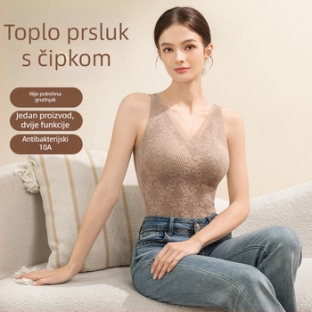 Termalna čipkasta majica s V-izrezom, integrirane šalice, dvostruki sloj, kapuljača, sa sametnim detaljima; oblikuje tijelo, zagrijava trbuh i leđa; može se nositi i kao vanjska odjeća.