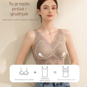 Termalna čipkasta majica s V-izrezom, integrirane šalice, dvostruki sloj, kapuljača, sa sametnim detaljima; oblikuje tijelo, zagrijava trbuh i leđa; može se nositi i kao vanjska odjeća.