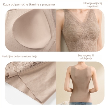 Termalna čipkasta majica s V-izrezom, integrirane šalice, dvostruki sloj, kapuljača, sa sametnim detaljima; oblikuje tijelo, zagrijava trbuh i leđa; može se nositi i kao vanjska odjeća.