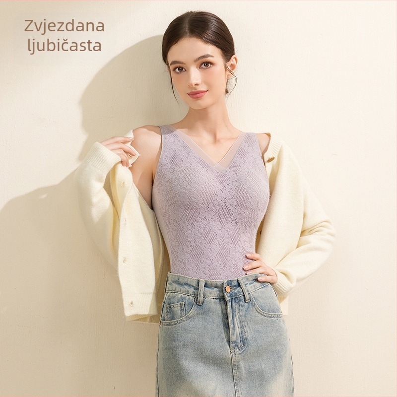 Termalna čipkasta majica s V-izrezom, integrirane šalice, dvostruki sloj, kapuljača, sa sametnim detaljima; oblikuje tijelo, zagrijava trbuh i leđa; može se nositi i kao vanjska odjeća.