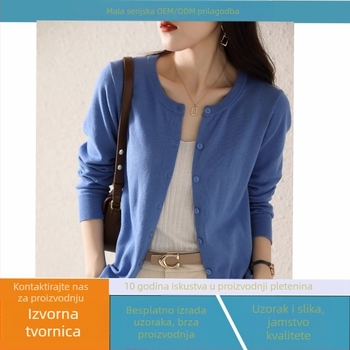 Ženski pleteni kardigan od pamuka, udoban kroj, okrugli izrez, dugi rukavi, duljina 50–65 cm; OEM prilagodba prema crtežima i uzorcima