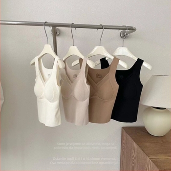 Ženski termo prsluk s V izrezom, bez šavova, s integriranim košaricama i jastučićem za prsni koš, dvostruki sloj, poliestersko vlakno, 141–160 g/m²