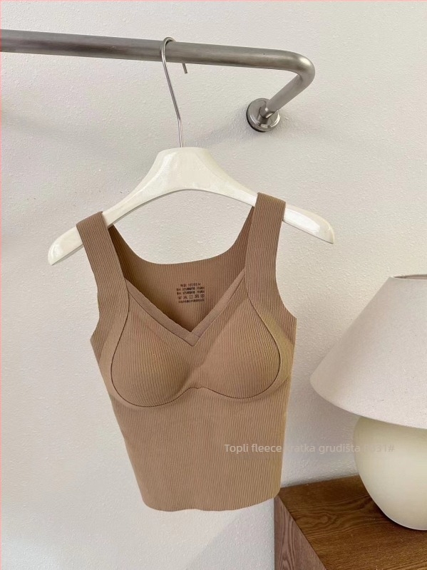 Ženski termo prsluk s V izrezom, bez šavova, s integriranim košaricama i jastučićem za prsni koš, dvostruki sloj, poliestersko vlakno, 141–160 g/m²