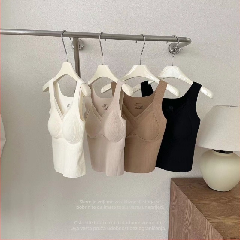 Ženski termo prsluk s V izrezom, bez šavova, s integriranim košaricama i jastučićem za prsni koš, dvostruki sloj, poliestersko vlakno, 141–160 g/m²