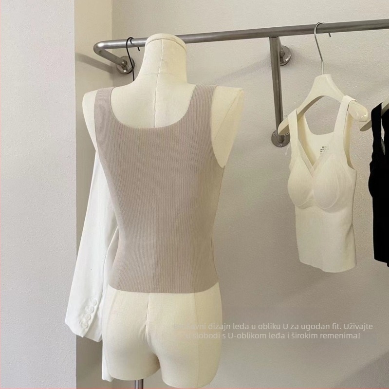 Ženski termo prsluk s V izrezom, bez šavova, s integriranim košaricama i jastučićem za prsni koš, dvostruki sloj, poliestersko vlakno, 141–160 g/m²