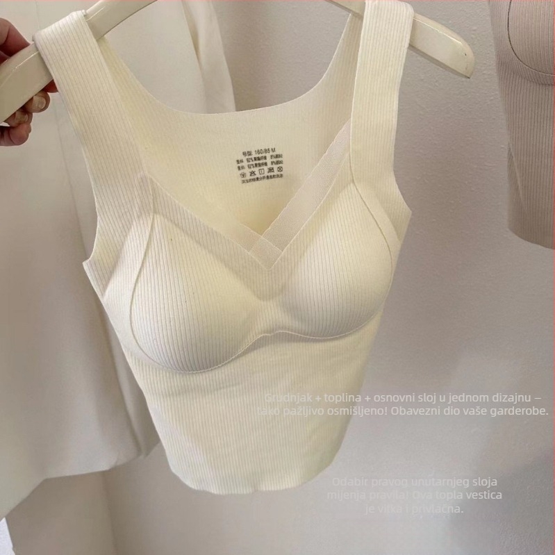 Ženski termo prsluk s V izrezom, bez šavova, s integriranim košaricama i jastučićem za prsni koš, dvostruki sloj, poliestersko vlakno, 141–160 g/m²