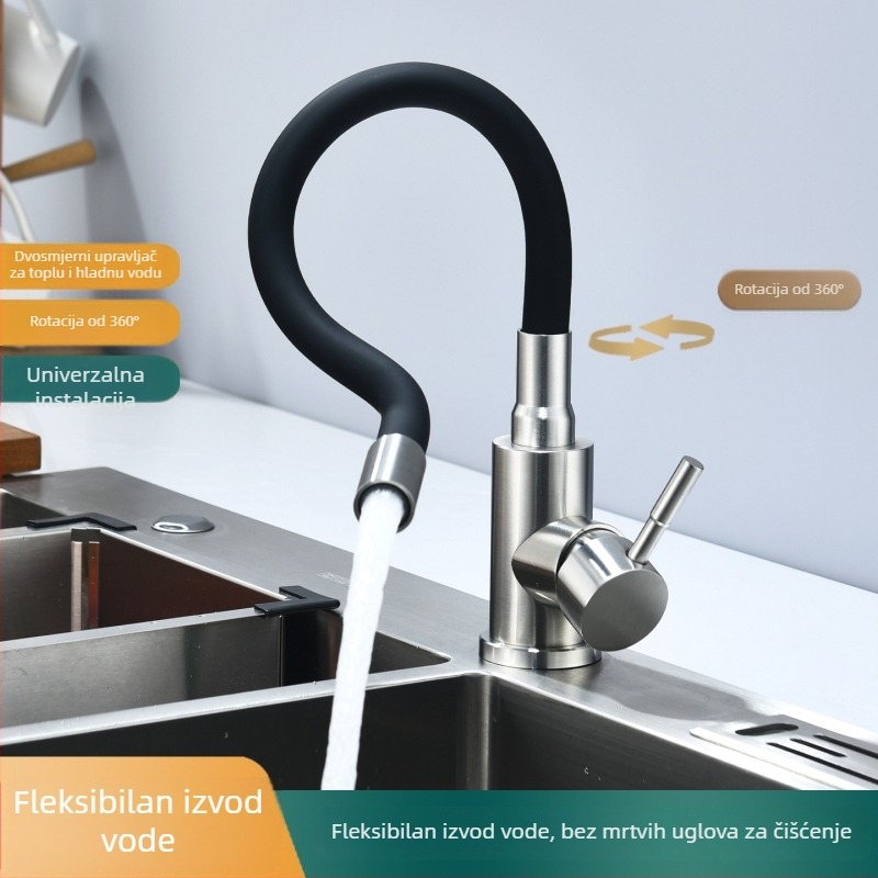 Kuhinjski miješani slavine od 304 nehrđajućeg čelika s fleksibilnim crijevom, okretni, keramički disk ventil