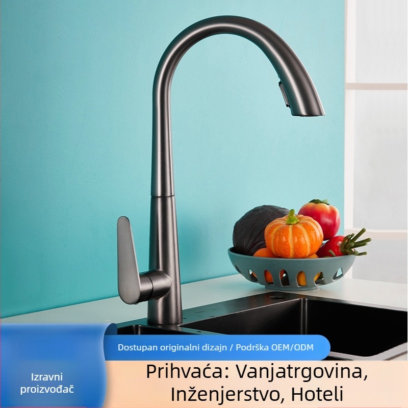 Kuhinjski slavina s izvučnim vratom, nehrđajući čelik, keramički disk ventilu, ulaz 1/2 in, nominalni tlak 1 MPa, radna temperatura 0–90 °C
