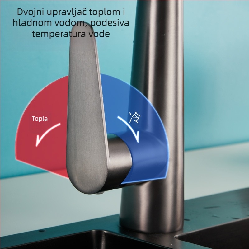 Kuhinjski slavina s izvučnim vratom, nehrđajući čelik, keramički disk ventilu, ulaz 1/2 in, nominalni tlak 1 MPa, radna temperatura 0–90 °C