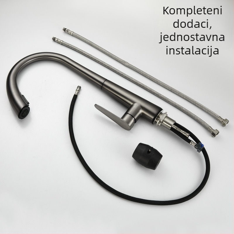 Kuhinjski slavina s izvučnim vratom, nehrđajući čelik, keramički disk ventilu, ulaz 1/2 in, nominalni tlak 1 MPa, radna temperatura 0–90 °C