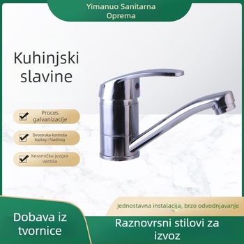 Kuhinjski faucet od cinka s keramičkom kartušom, vertikalna ugradnja, krom završna obrada, model YMNA045, topla i hladna voda