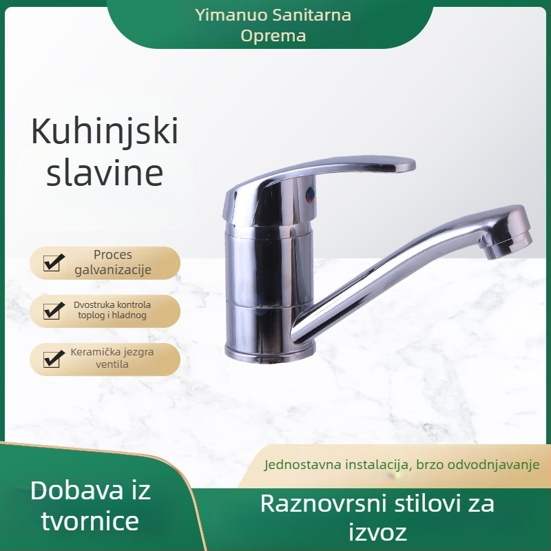 Kuhinjski faucet od cinka s keramičkom kartušom, vertikalna ugradnja, krom završna obrada, model YMNA045, topla i hladna voda