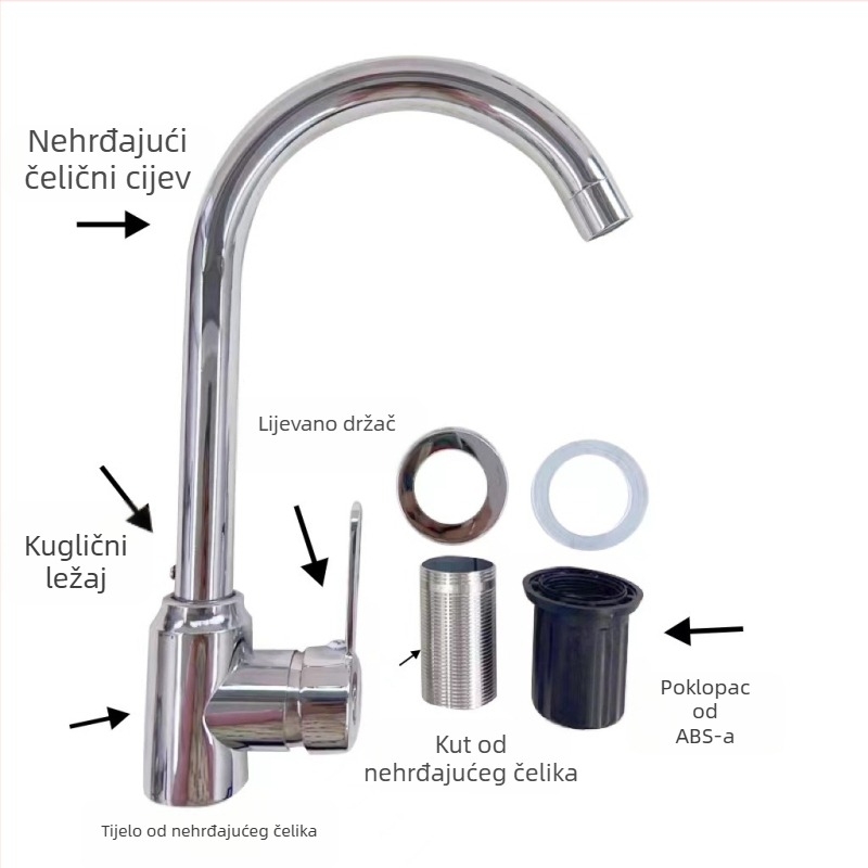 3-putni nehrđajući čelični kuhinjski slavina s elektroplatom završnom obradom, keramički kartridž, nazivni tlak 1.0 MPa, radna temperatura 0–90°C