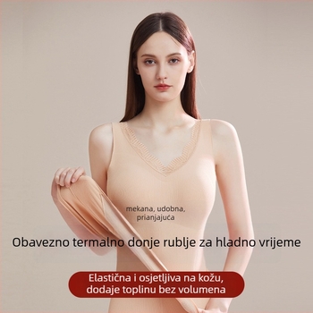 Ženska termalna podloga s čipkom, s integriranim jastučićem za prsni dio, antibakterijsko, bešumni, V-izrez