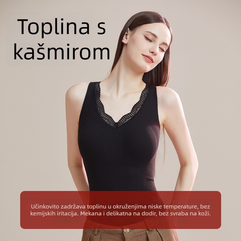 Ženska termalna podloga s čipkom, s integriranim jastučićem za prsni dio, antibakterijsko, bešumni, V-izrez