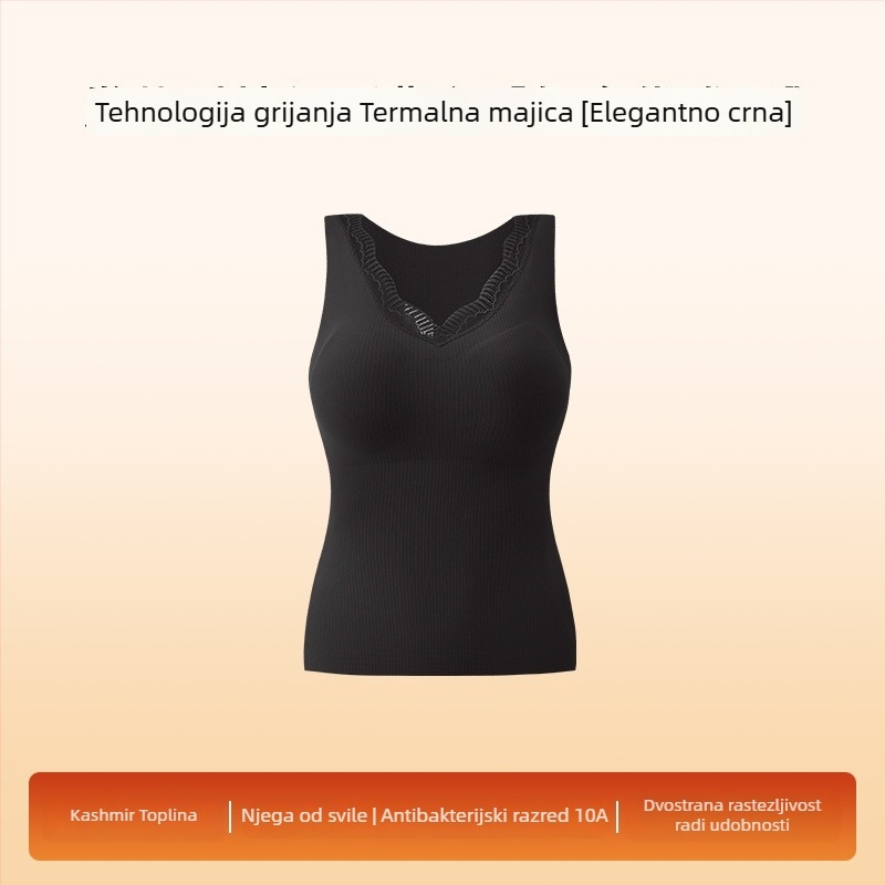 Ženska termalna podloga s čipkom, s integriranim jastučićem za prsni dio, antibakterijsko, bešumni, V-izrez