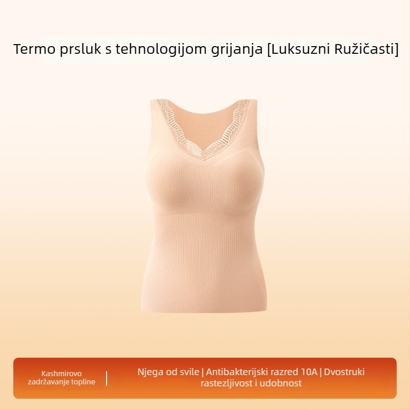Ženska termalna podloga s čipkom, s integriranim jastučićem za prsni dio, antibakterijsko, bešumni, V-izrez