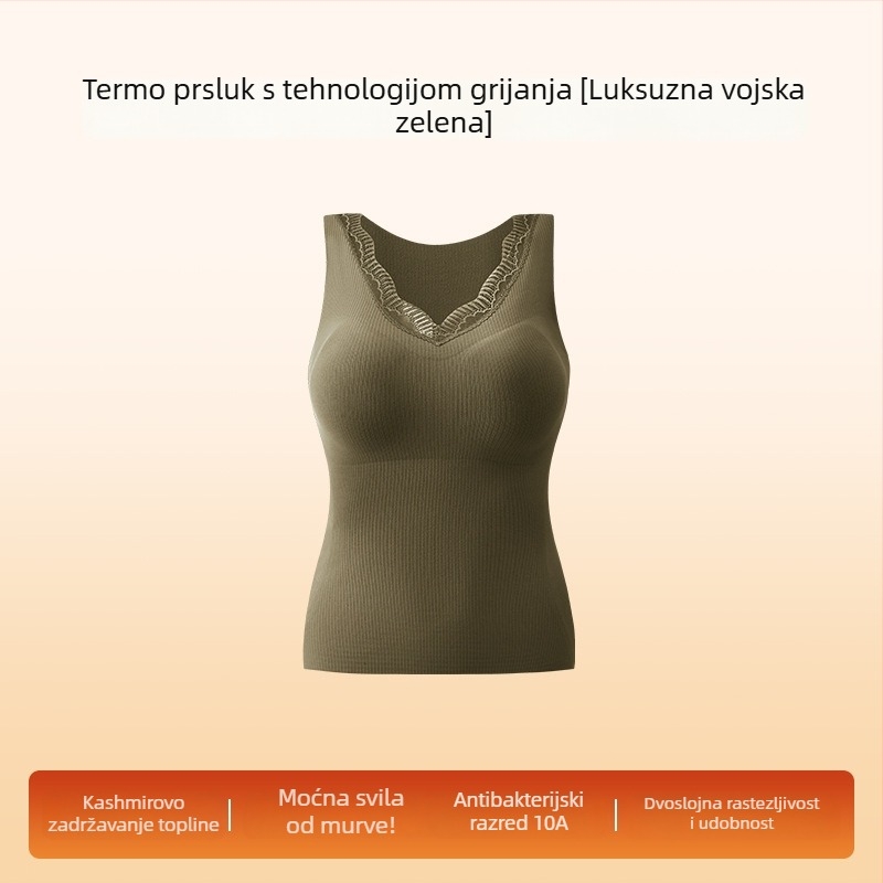 Ženska termalna podloga s čipkom, s integriranim jastučićem za prsni dio, antibakterijsko, bešumni, V-izrez