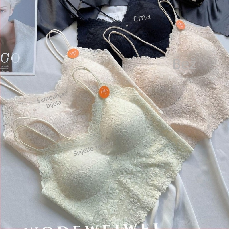 Camisola bez naramenica s francuskom elegantnom cvjetnom čipkom, puni košarica, tanke oblikovane košarice, najlon tkanina