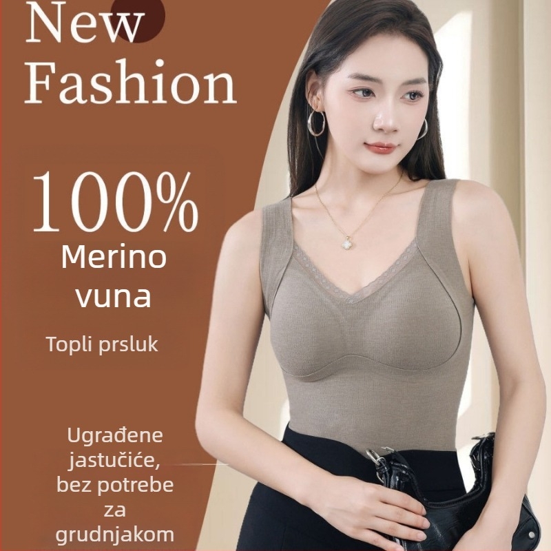 Ženska topla vestica s integriranim košaricama i jastučicama za prsa, čipka rubna, tkanina German Velvet, glavni materijal akril, fleece podstava, patch, debljina 251-300 g/m2