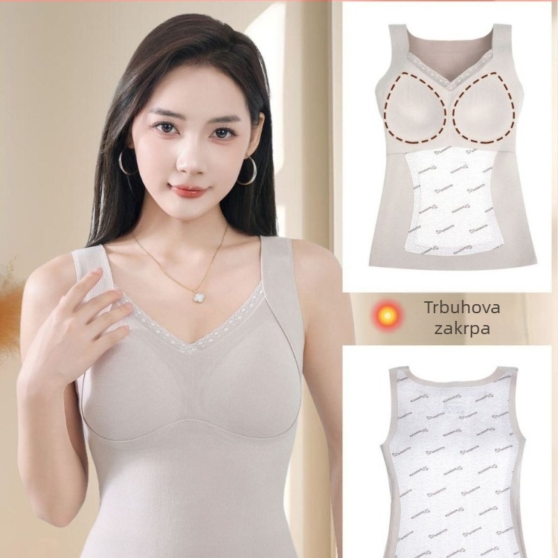 Ženska topla vestica s integriranim košaricama i jastučicama za prsa, čipka rubna, tkanina German Velvet, glavni materijal akril, fleece podstava, patch, debljina 251-300 g/m2