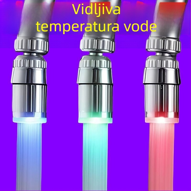 LED slavina za kontrolu temperature s induktivnim pokretanjem; trostruki dizajn; plastično tijelo s brušenim završetkom; jezgro ventila s konstantnom temperaturom; pogodna za masažnu kadu