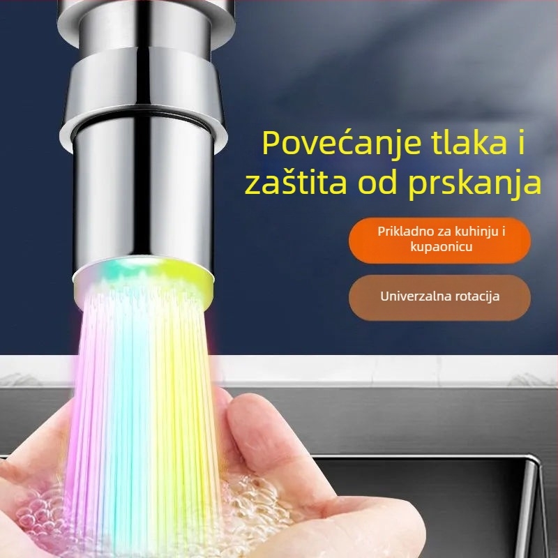 LED slavina za kontrolu temperature s induktivnim pokretanjem; trostruki dizajn; plastično tijelo s brušenim završetkom; jezgro ventila s konstantnom temperaturom; pogodna za masažnu kadu
