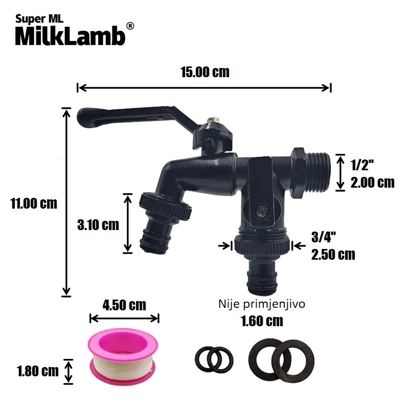 Vrtni slavina s dvostrukim izlazom i dvostrukim upravljanjem - model ML.BK01AT, nehrđajući čelik, 1,6 MPa, 20–80°C, spiralni priključak