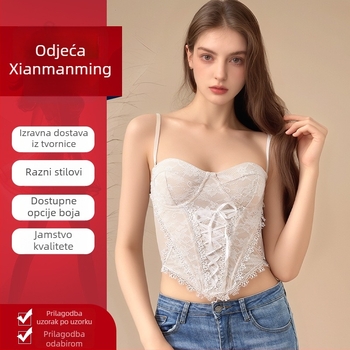 Čipkasti camisole s mašnicom i odvojivim naramenicama, uski kroj, 95% poliester, mikroelastičnost, za odrasle žene, gradski stil