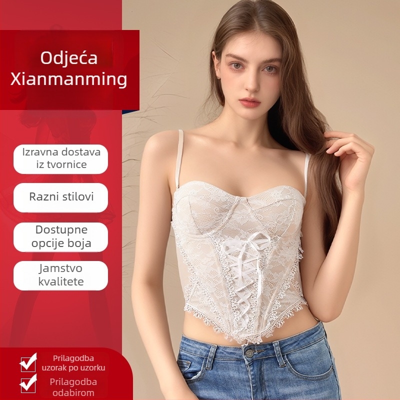 Čipkasti camisole s mašnicom i odvojivim naramenicama, uski kroj, 95% poliester, mikroelastičnost, za odrasle žene, gradski stil