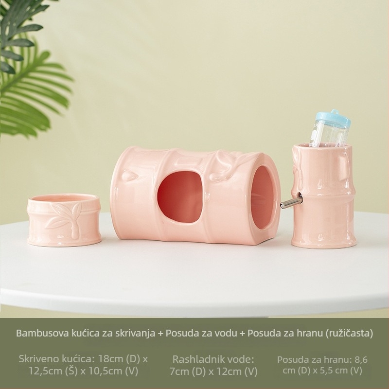Keramičko gnijezdo za hamstera s bambusovim skloništem, keramički spremnik za vodu i bambusova zdjela – unutarnji minimalistički set, keramički materijal, lako za čišćenje, pravokutni oblik, marka St. Paul