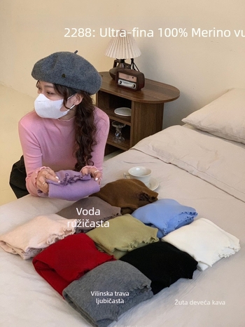 Damski pulover od merino vune s čipkastim ovratnikom, uski kroj, dugi rukavi