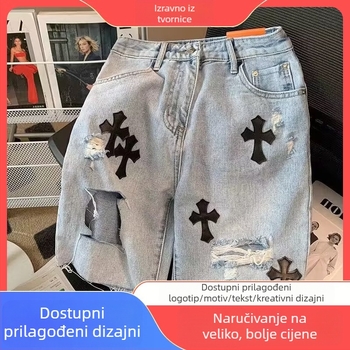 Traper kratke hlače s križnim poderotinama i izbrušenim rubovima, oprane za ljetni ležerni izgled, ravni kroj, korejski stil (Poliester vlakno, 65% poliester; ravni kroj; Ljeto)