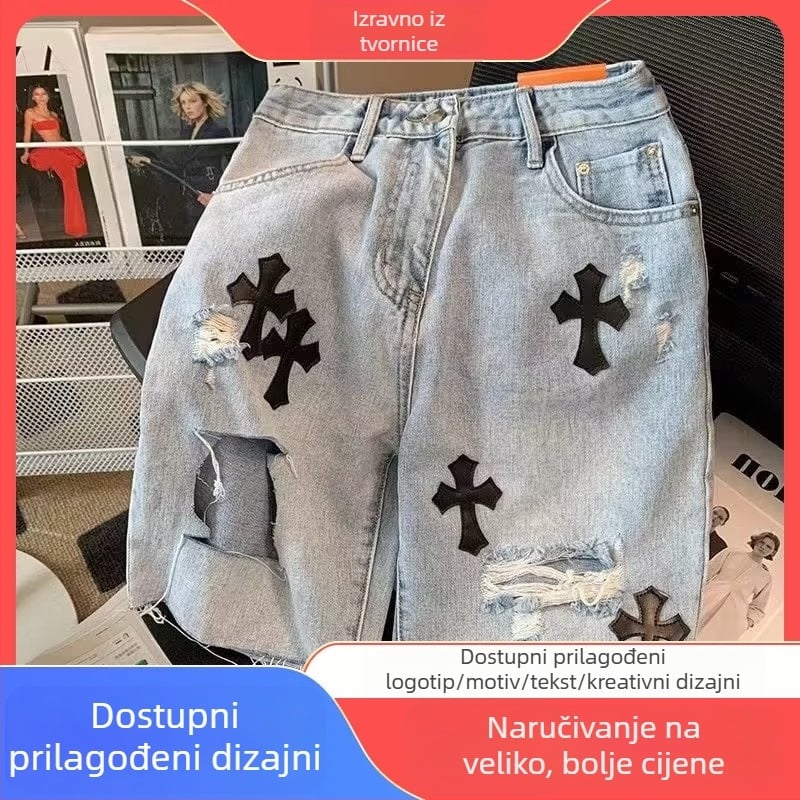 Traper kratke hlače s križnim poderotinama i izbrušenim rubovima, oprane za ljetni ležerni izgled, ravni kroj, korejski stil (Poliester vlakno, 65% poliester; ravni kroj; Ljeto)