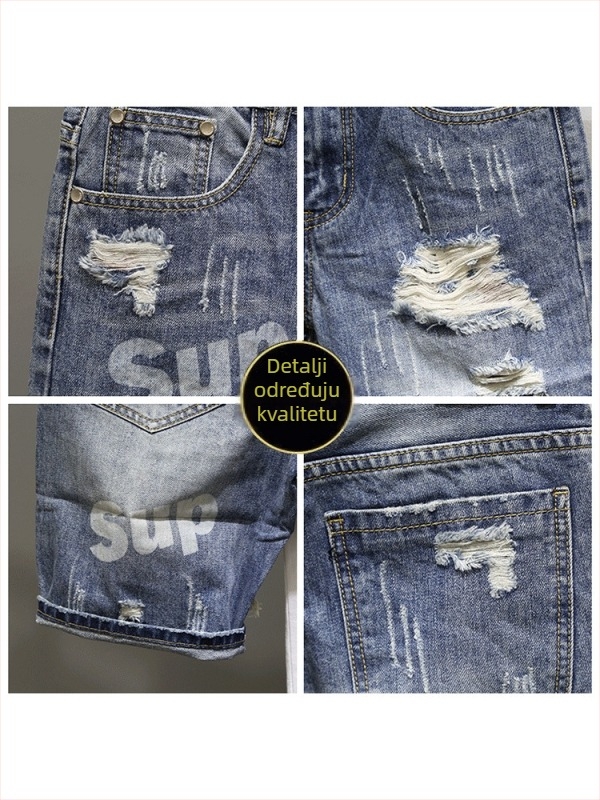 Muške džins šorc, slim-fit, distressed, srednji pojas, korejski stil, hip-hop