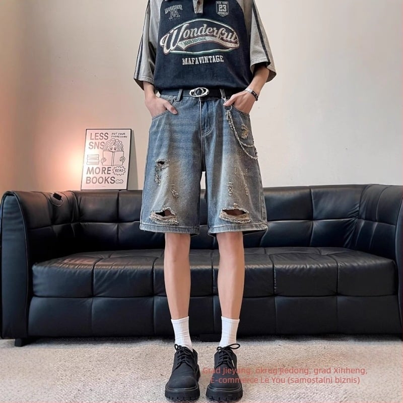 Vintage izlizane traper kratke hlače - visokim strukom, slobodan kroj, izlizani izgled, ljeto (denim, visokim strukom, slobodan kroj, izlizani izgled, ljeto)