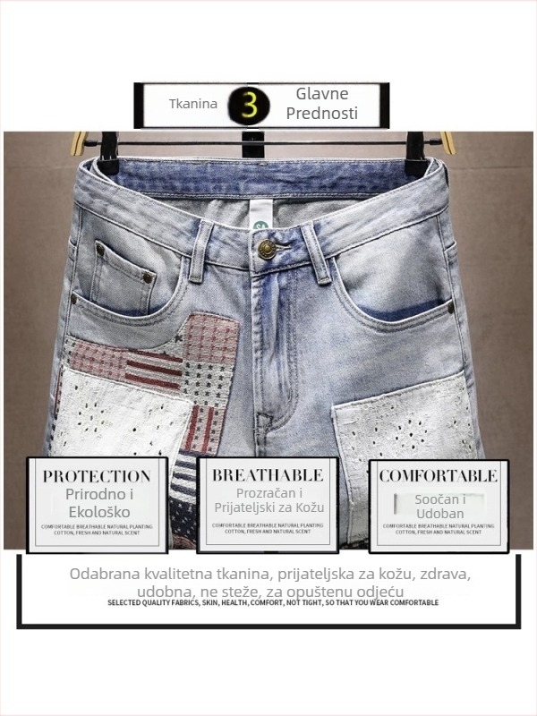 Denim šortsevi s patchwork izvezom, ravni kroj, retro stil, mješavina pamuka (68,2% pamuk, 12,7% poliester, 19,1% viskóza)