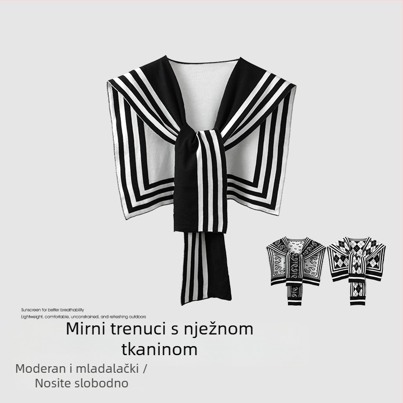 Ženski pleteni šal s lažnim ovratnikom, prugasti uzorak, viskoza, elegantan stil s vezivanjem, za sve sezone