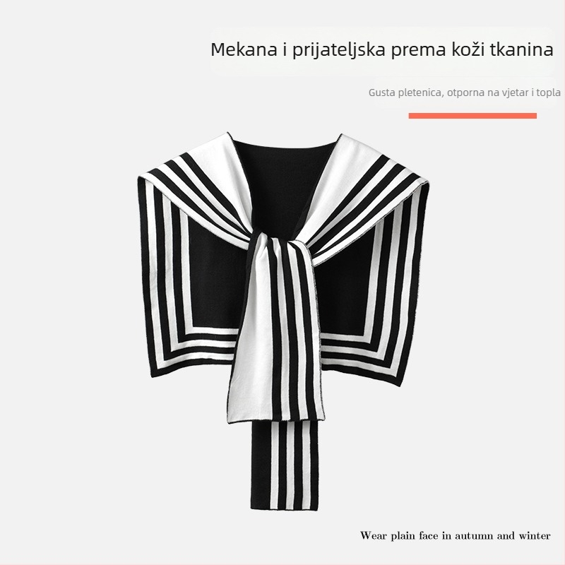 Ženski pleteni šal s lažnim ovratnikom, prugasti uzorak, viskoza, elegantan stil s vezivanjem, za sve sezone
