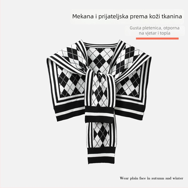 Ženski pleteni šal s lažnim ovratnikom, prugasti uzorak, viskoza, elegantan stil s vezivanjem, za sve sezone