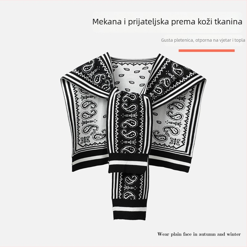 Ženski pleteni šal s lažnim ovratnikom, prugasti uzorak, viskoza, elegantan stil s vezivanjem, za sve sezone